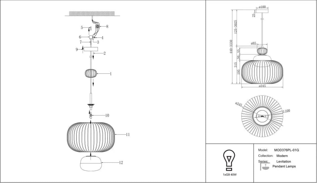 Suspension levitation cage dorée avec abat-jour sphérique en verre nervuré disponible en trois tailles