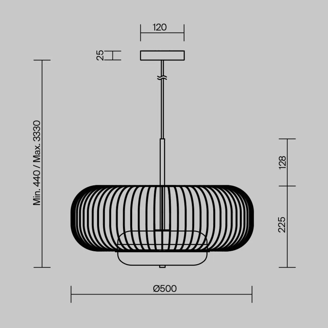 Suspension levitation cage dorée moderne en fil métallique noir cylindrique avec trois tailles et mesures précises