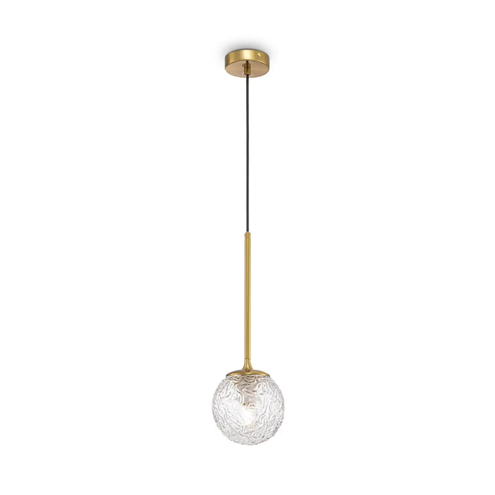 Suspension luminaire ligero avec globe en verre transparent texturé et monture dorée style art déco