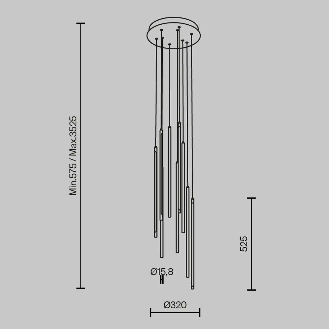 Suspension luminaire light stick avec monture circulaire et tiges fines verticales de longueurs variées en métal