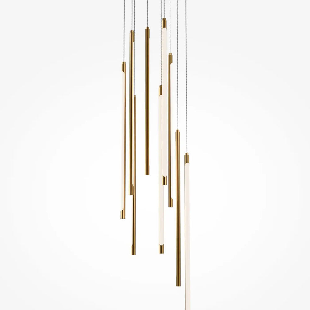 Suspension light stick grape avec tubes en verre givré cylindriques et finitions dorées modernes suspendues par cordons fins