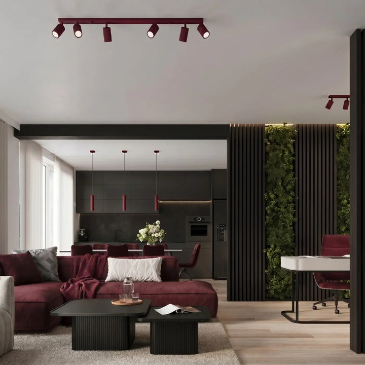 Suspension Karbon bordeaux en ligne à cylindres nervurés dans un intérieur contemporain