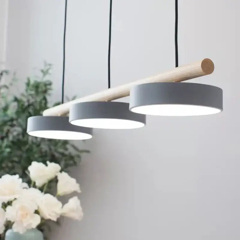 Suspension linéaire bois et métal à 3 disques LED modernes

