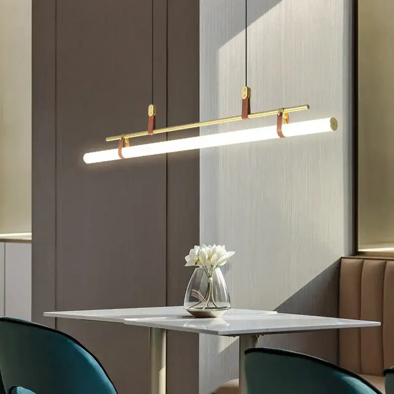 Modern LED Long Tube Chandelier Kitchen Table Dining Room Office Cafe Black Gold Leather Acrylic Pendant Light Indoor
