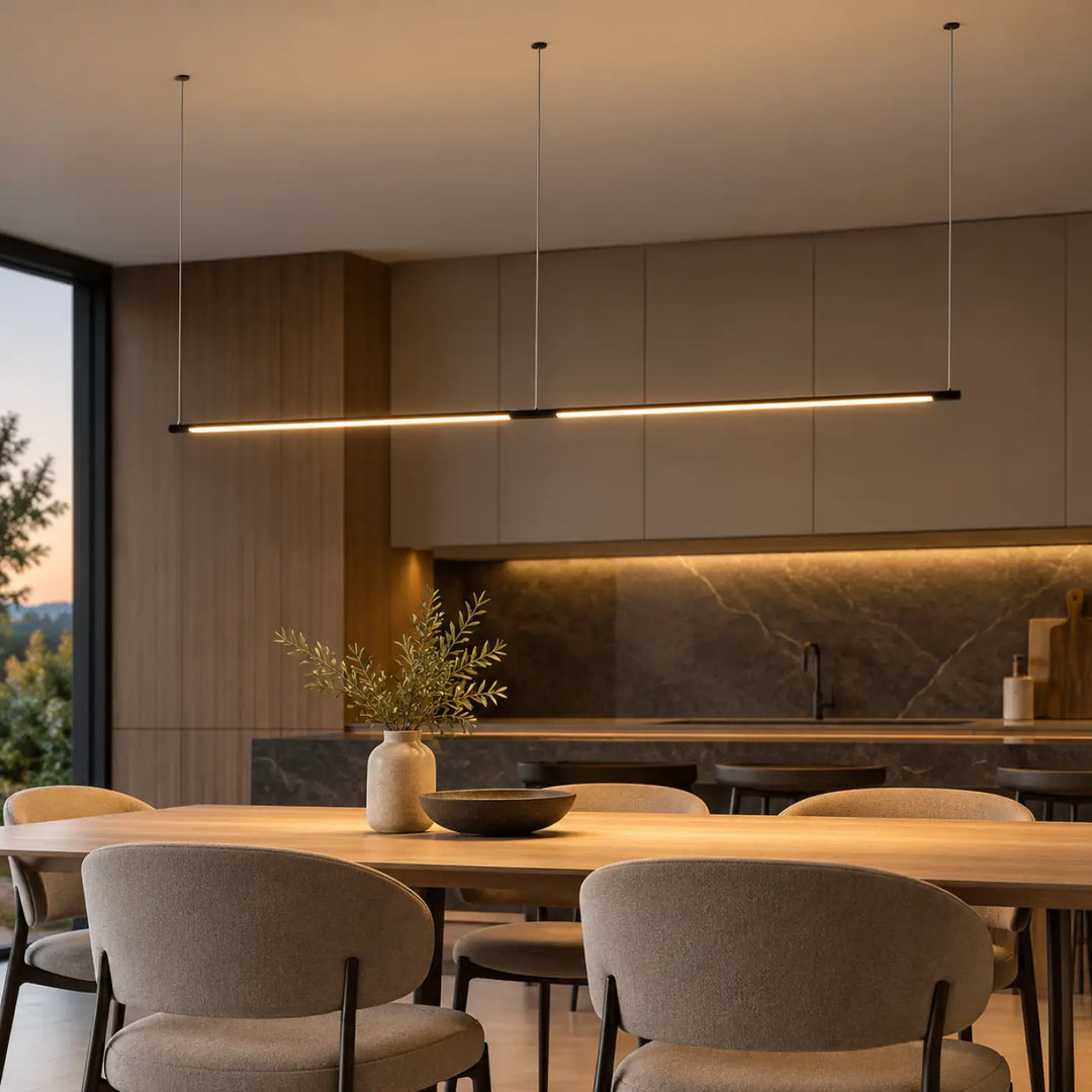 Suspension luminaire tubs modular double en aluminium noir avec mini rosace encastrée et éclairage led chaud