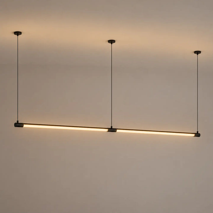 Suspension luminaire tubs modular double ligne en aluminium noir avec éclairage led blanc chaud et mini rosace encastrée