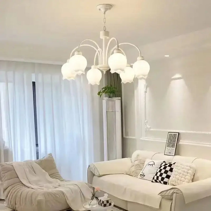 Suspension Luminaire Avec 8 Fleurs En Cloche Blanche Pour Salon