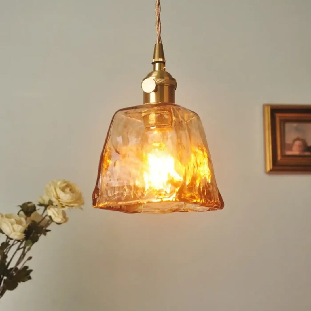 Suspension luminaire art déco verre ambré texturé vintage