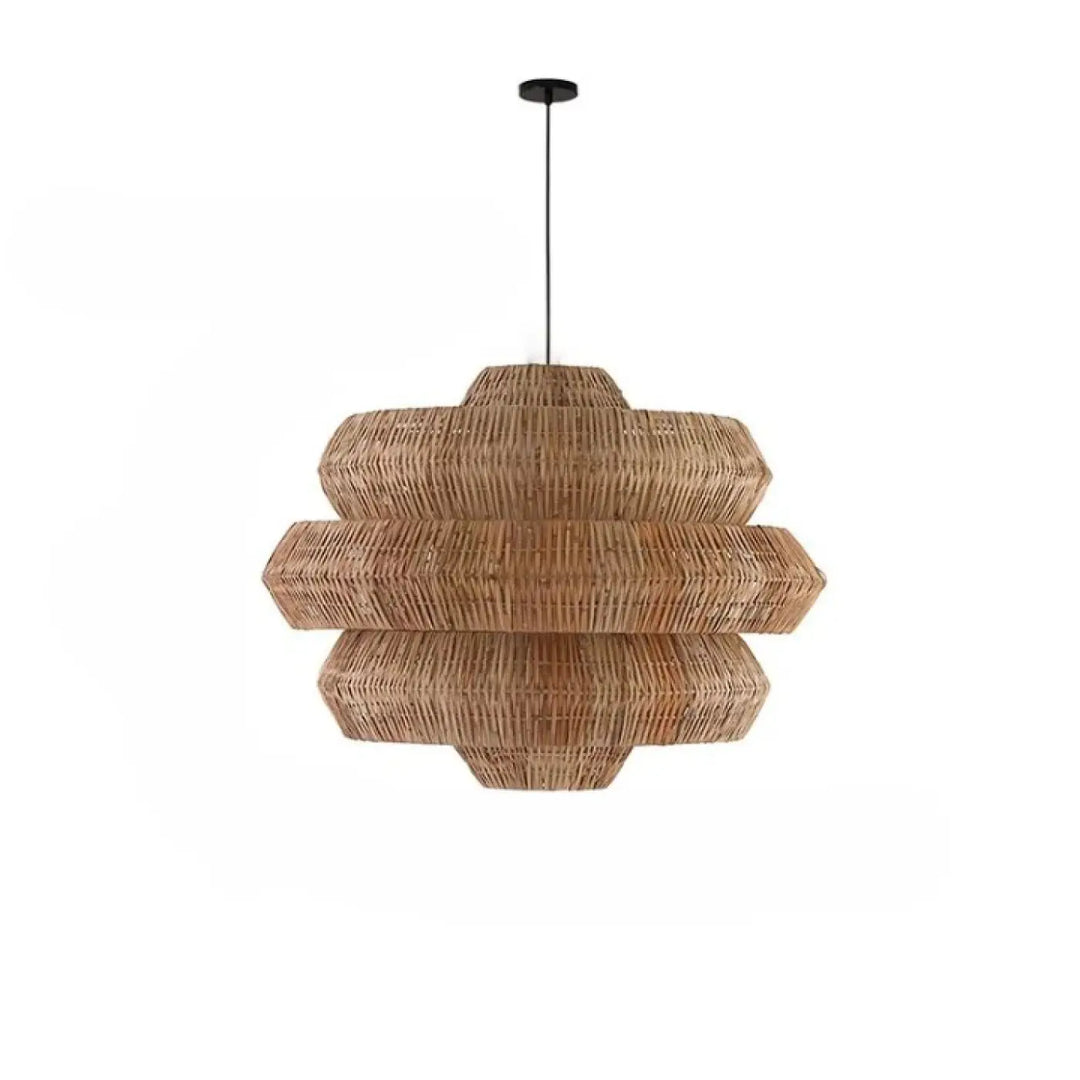 Suspension luminaire artisanale en rotin naturel avec formes superposées hexagonales en beige chaud, modèle Tiello