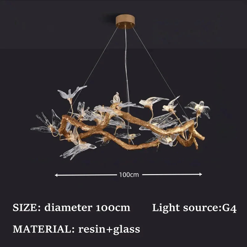 Suspension luminaire artistique oiseaux en verre doré