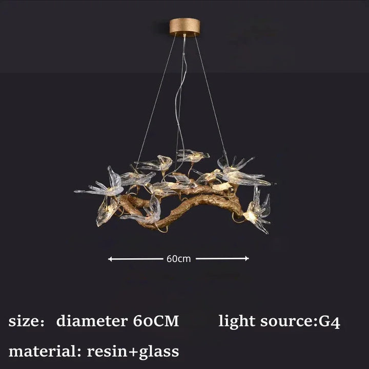 Suspension luminaire artistique oiseaux en verre doré