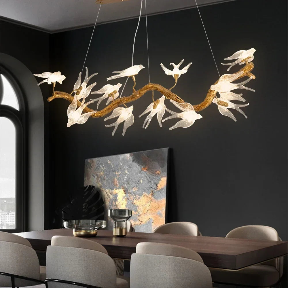 Suspension luminaire artistique oiseaux en verre doré
