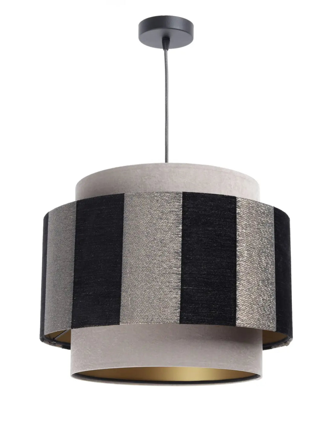 Suspension luminaire doblo beige noir avec rayures noires et argentées, anneaux style béton et intérieur doré