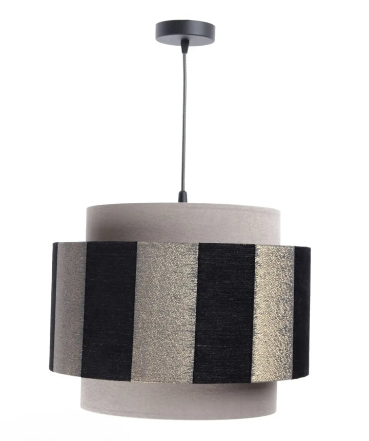 Suspension luminaire doblo gris noir doré avec lampe suspendue rayée noir et argent et base en béton