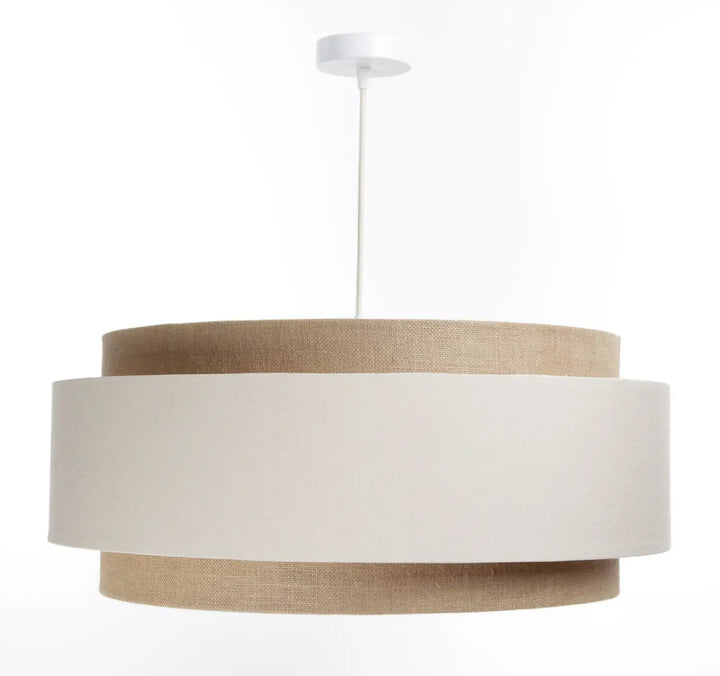 Suspension luminaire bohème chic doblo boho 60 cm avec abat-jour beige en tissu lin et finition mate blanche