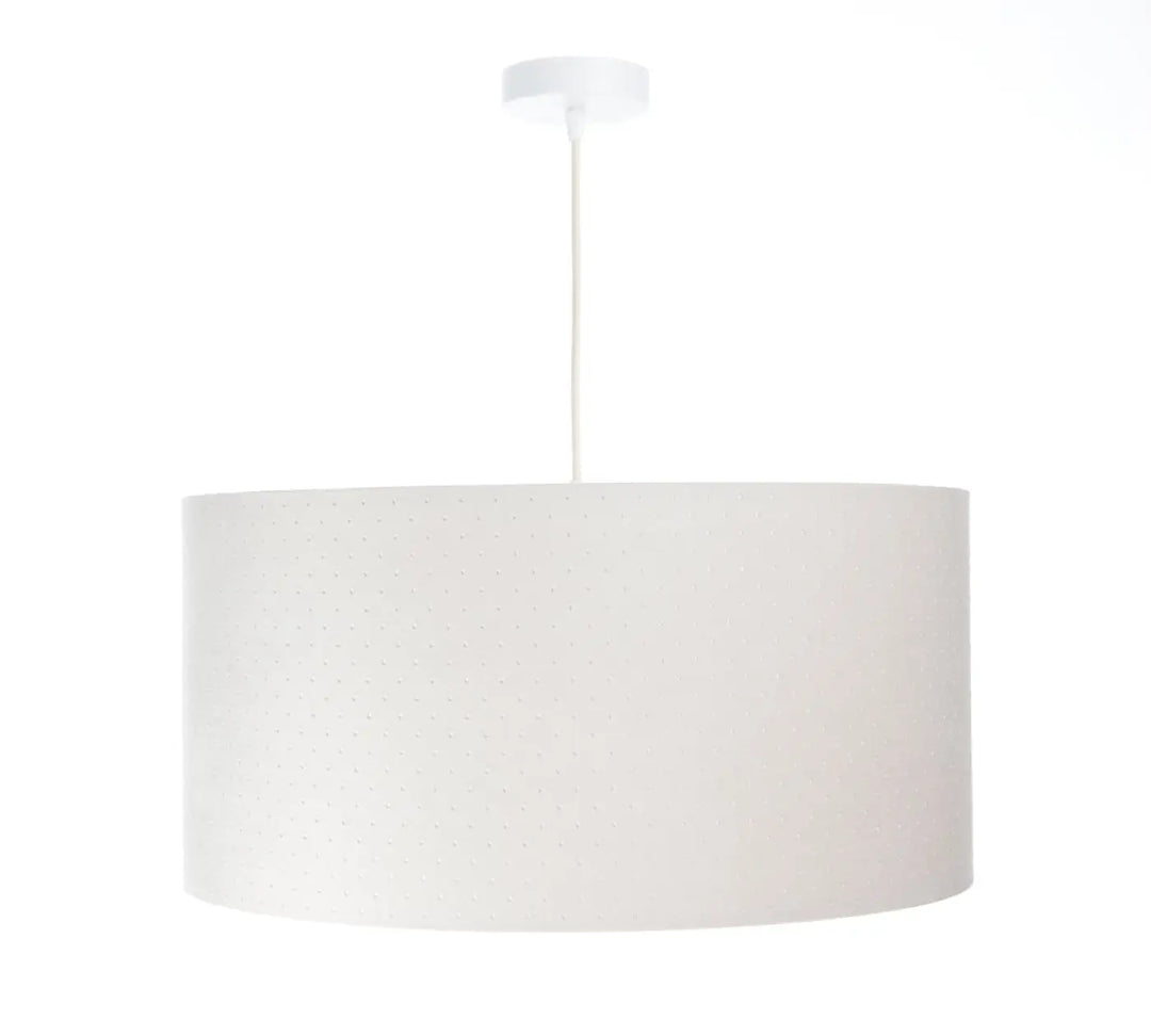 Suspension luminaire blanc crème avec abat-jour cylindrique en tissu texturé et fixation plafond assortie