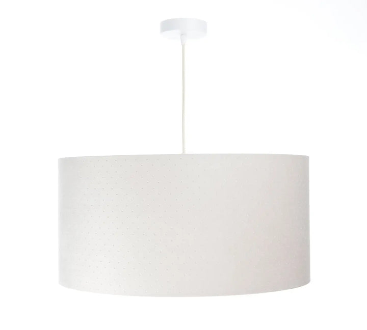 Suspension luminaire blanc crème avec abat-jour cylindrique en tissu texturé et fixation plafond assortie