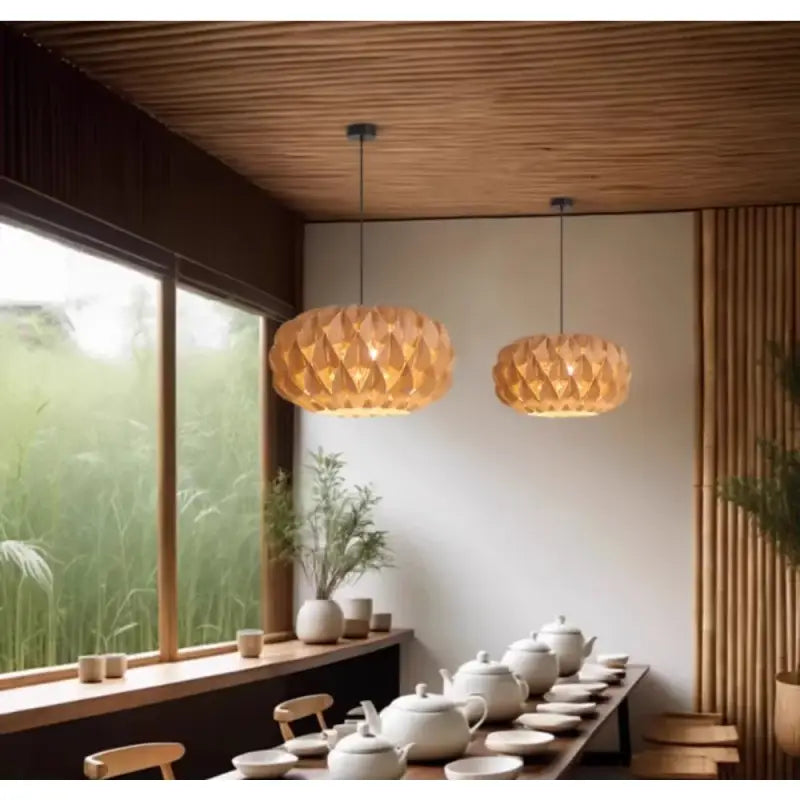 Suspension luminaire en bois design artisanal moderne beige