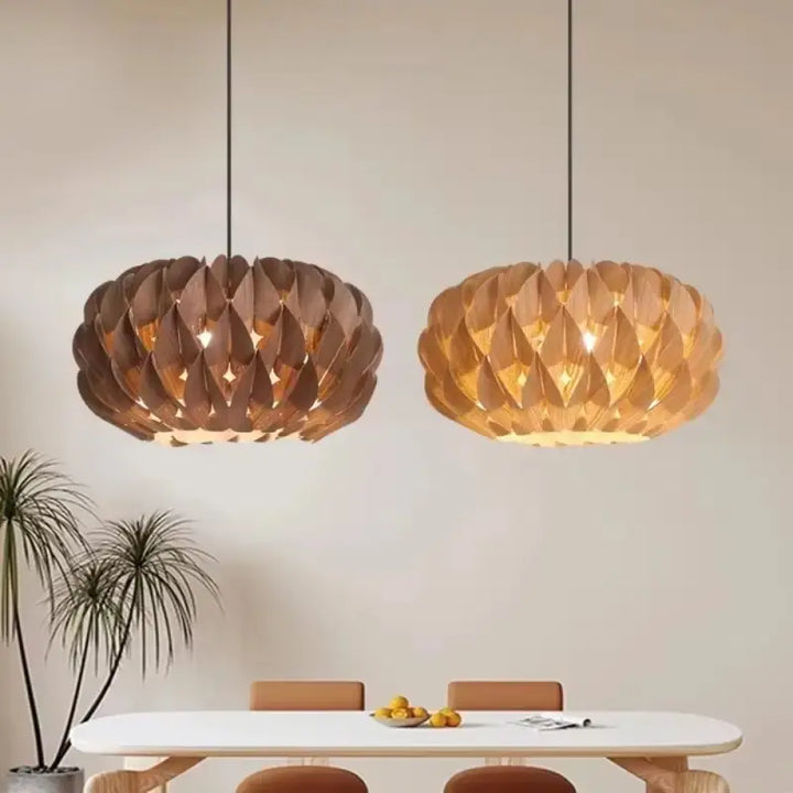 Suspension luminaire en bois design artisanal moderne beige