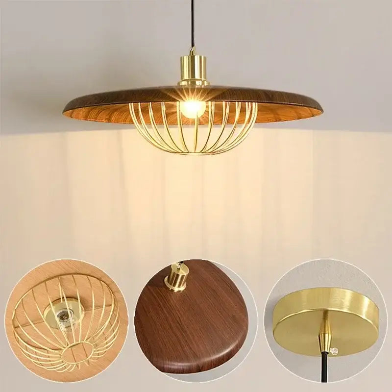 Suspension luminaire en bois et métal doré avec abat-jour rond chic