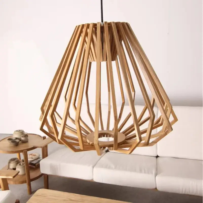 Suspension Luminaire En Bois Naturel Aux Lignes Géométriques Beige