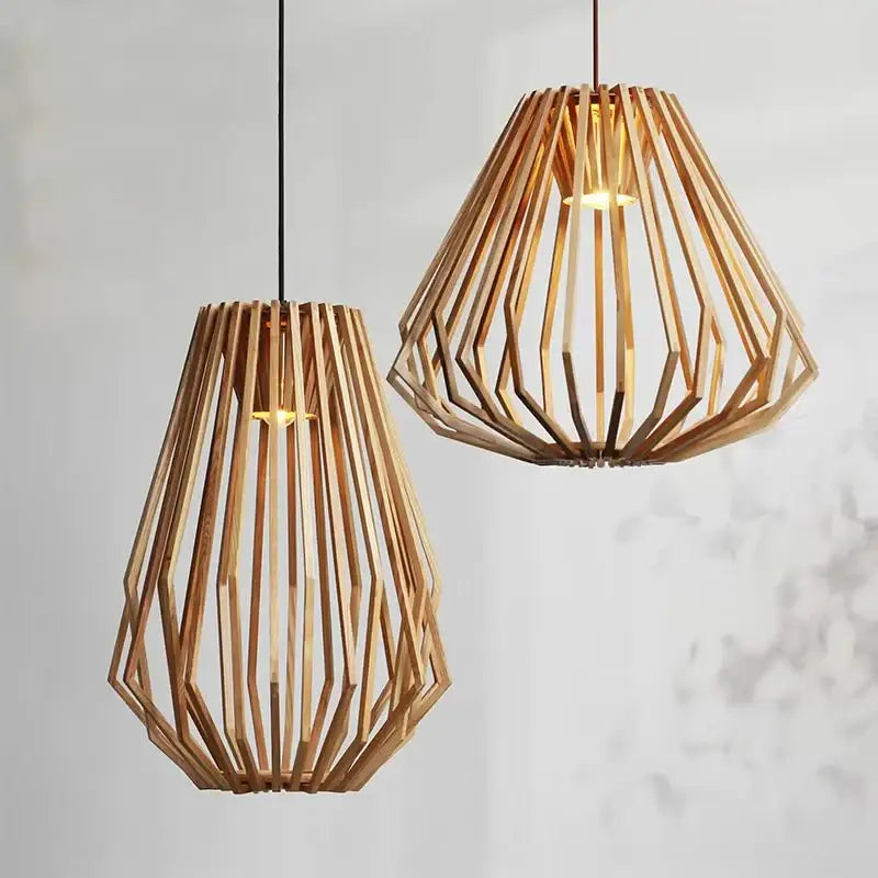 Suspension Luminaire En Bois Naturel Aux Lignes Géométriques Beige