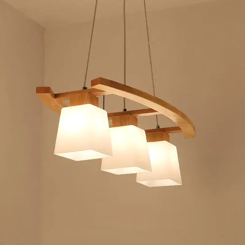Suspension luminaire bois naturel à lumières blanches épuré