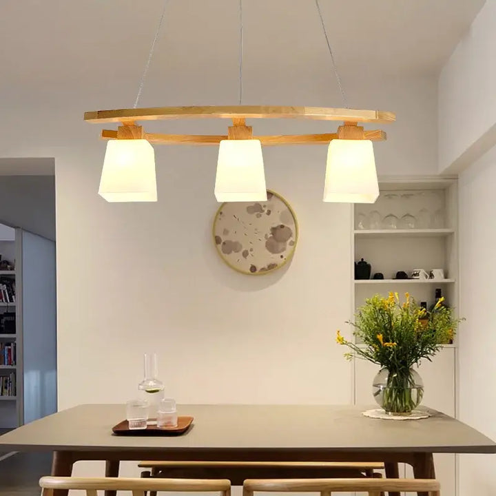Suspension luminaire bois naturel à lumières blanches épuré