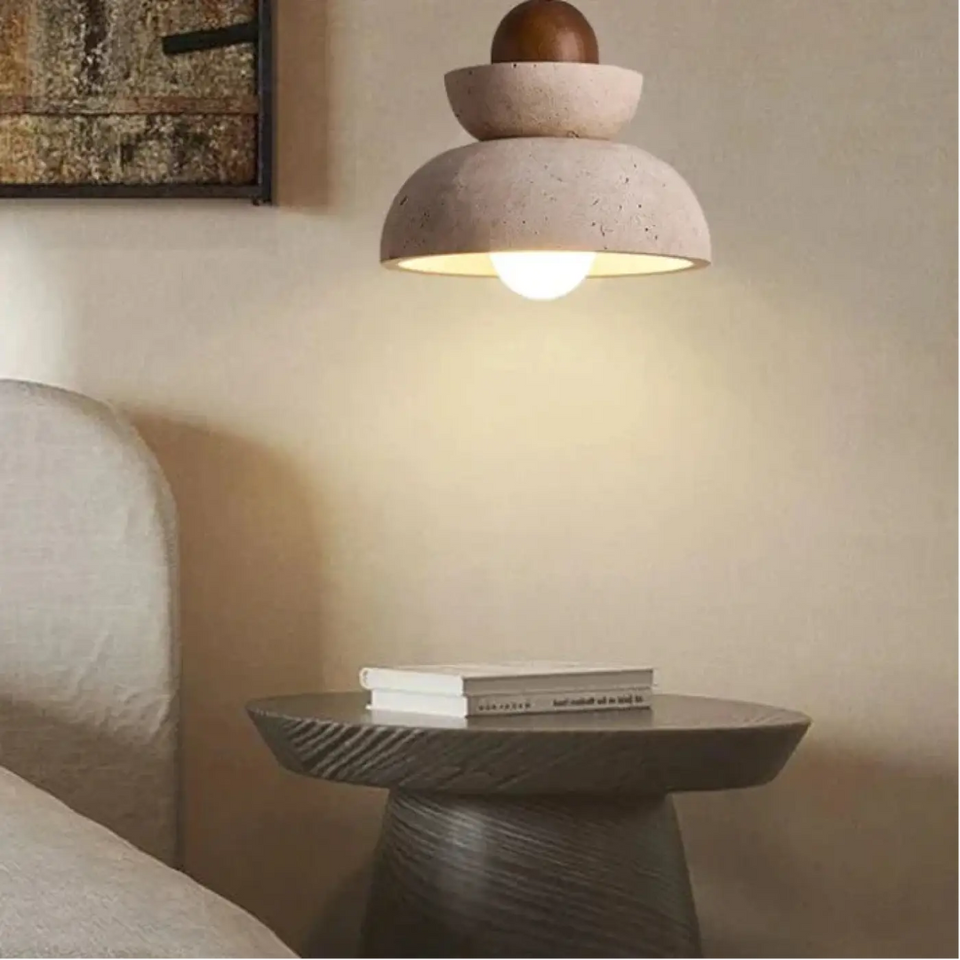 Suspension bois et pierre design épuré beige marron