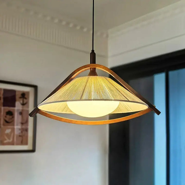 Suspension luminaire en bois et tissu design vintage authentique