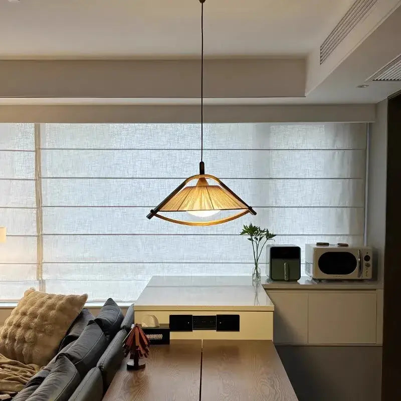 Suspension luminaire en bois et tissu design vintage authentique