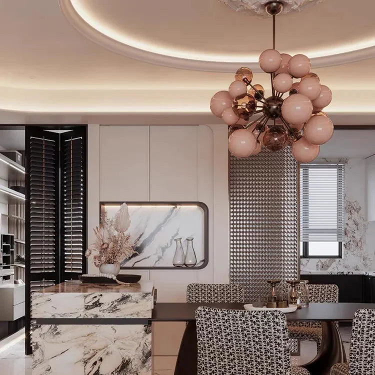 Suspension luminaire boules roses décoratives design élégant