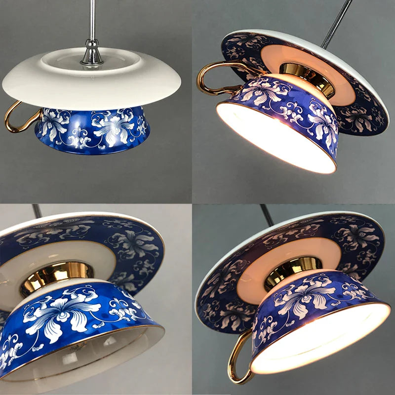 Suspension luminaire chinoise style tasse à fleurs bleues élégante