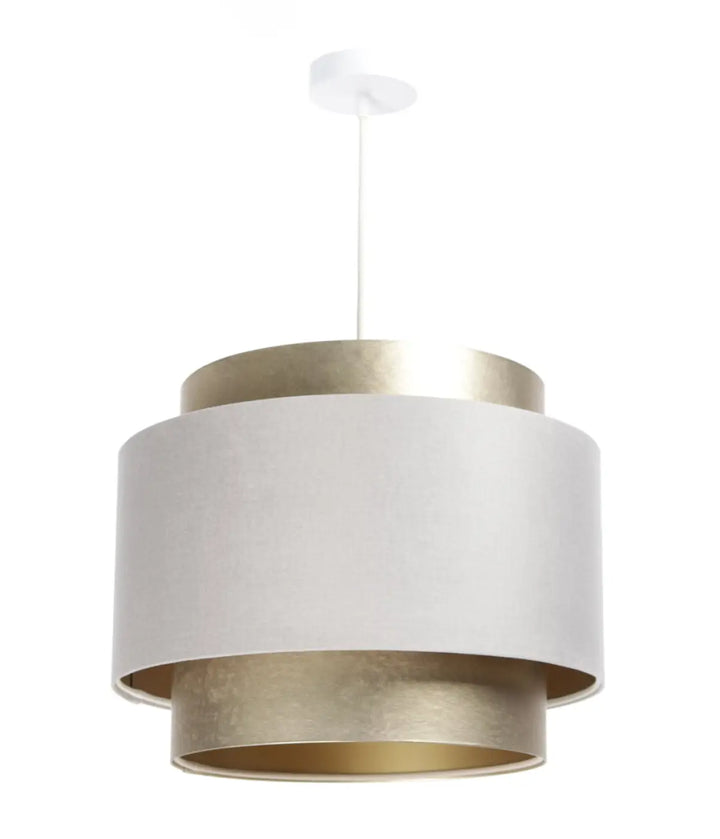 Suspension luminaire crème doblo avec abat-jour en tissu blanc mat et accents métalliques dorés modernes tiers