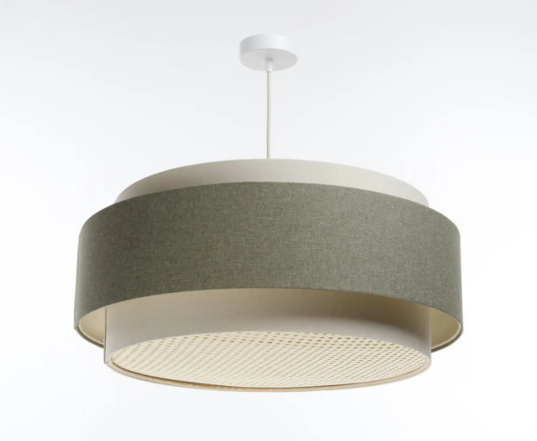 Suspension luminaire doblo boho elegant à deux étages avec abat-jour en tissu vert sauge texturé et base en maille crème