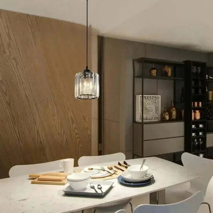 Suspension luminaire cristal doré et noir cylindrique élégant

