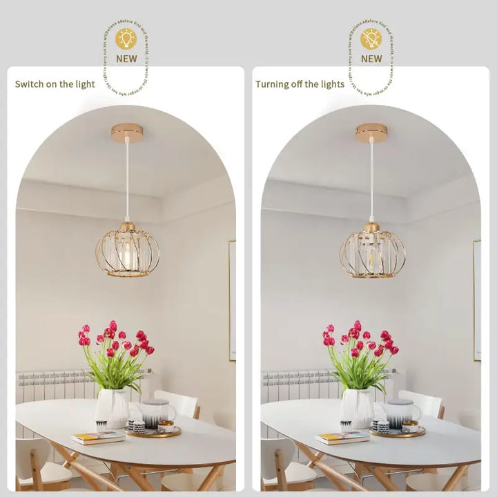 Suspension luminaire design doré cage métal et cristaux luxe