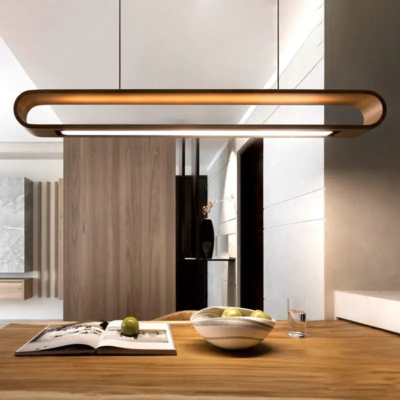 Suspension luminaire design linéaire en bois naturel élégant