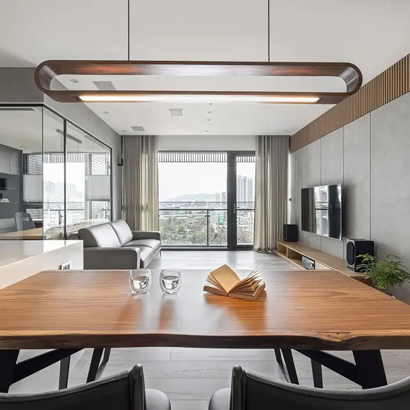 Suspension luminaire design linéaire en bois naturel élégant