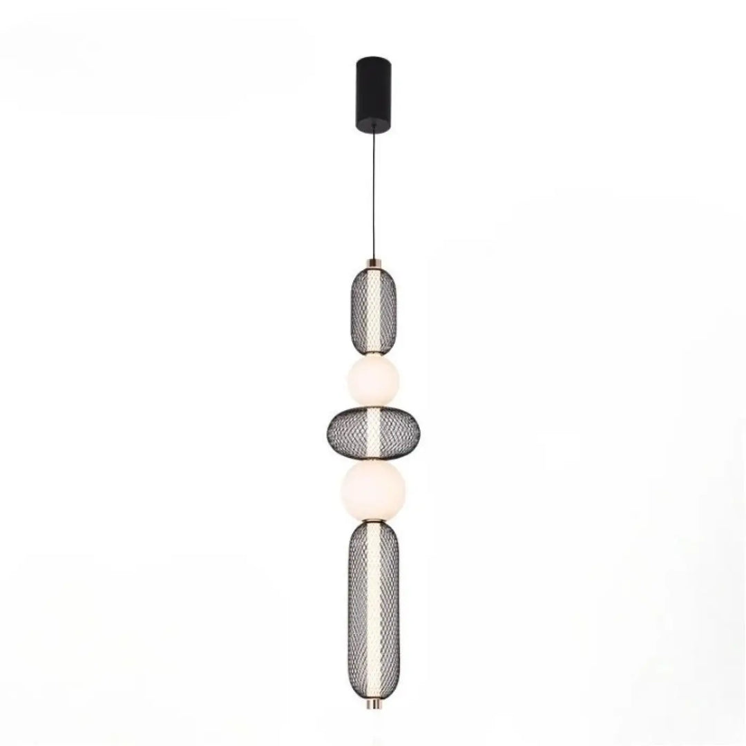Suspension luminaire vako lampes suspendues avec monture noire cylindrique et ampoules blanches en maille argentée texturée