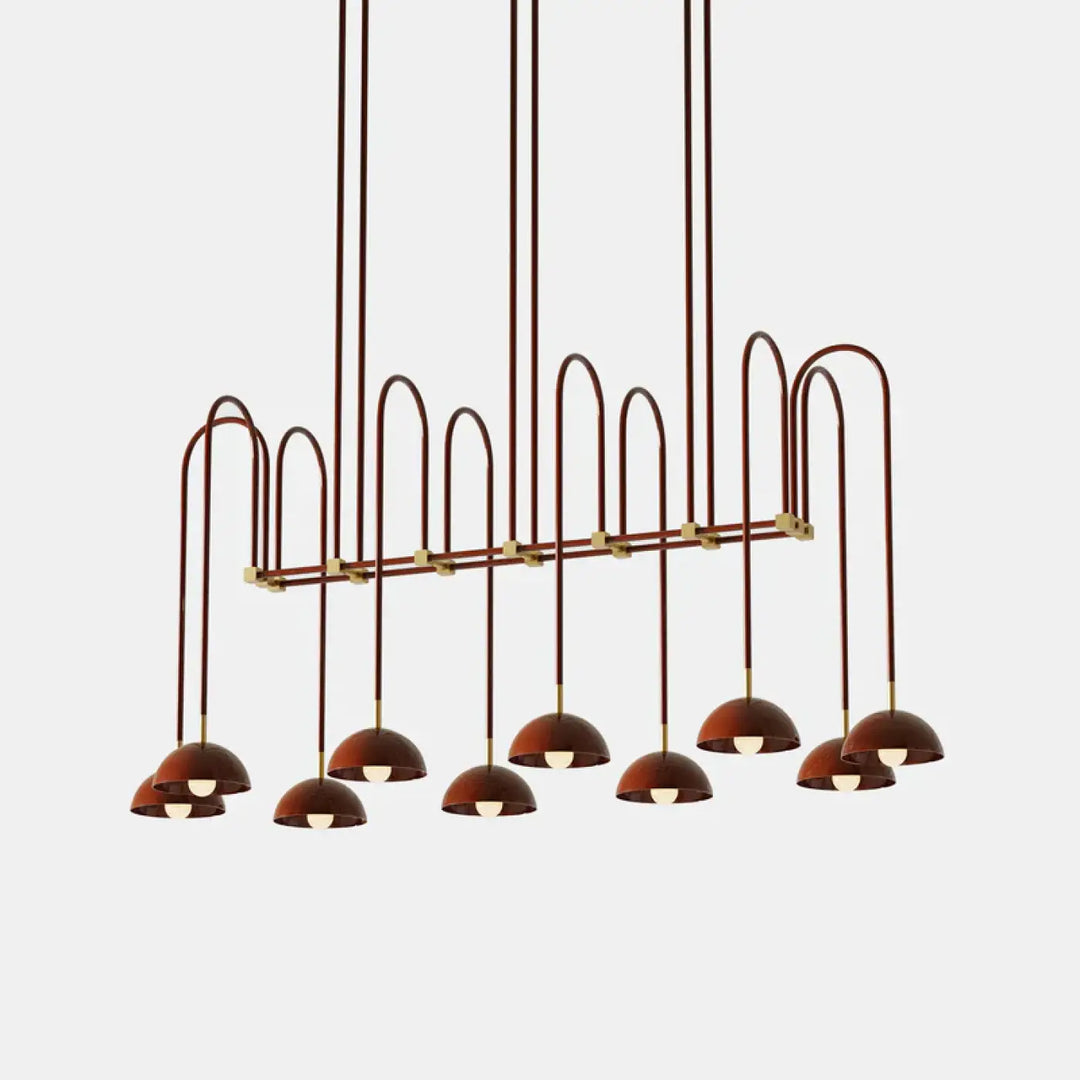 Suspension luminaire rumia en bronze et laiton avec bras arqués et abat-jour semi-sphériques pour un design moderne