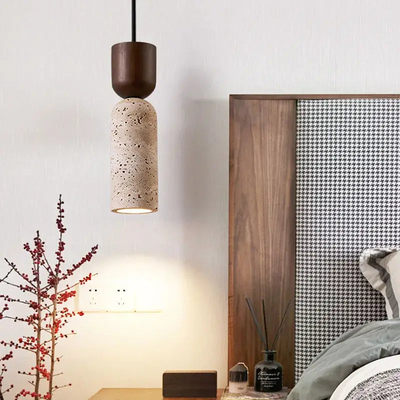 Suspension luminaire design en pierre naturelle et bois