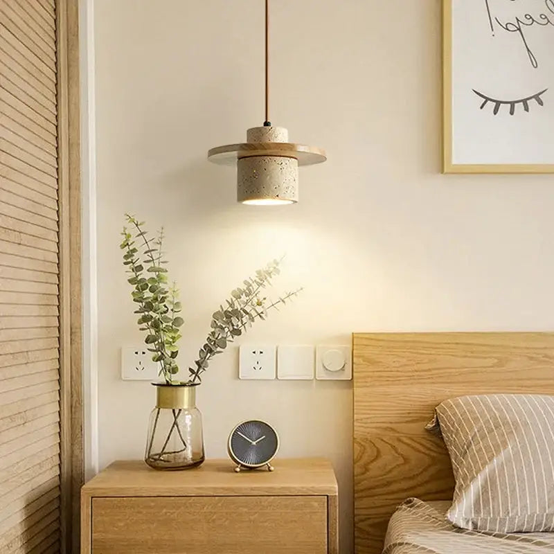 Suspension luminaire design en pierre travertin beige ou marron