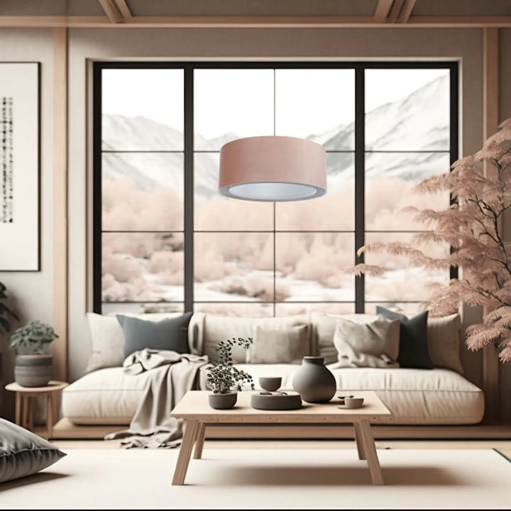 Suspension luminaire duo jasmin en design rose poudré avec abat-jour cylindrique en tissu mat rose poudré