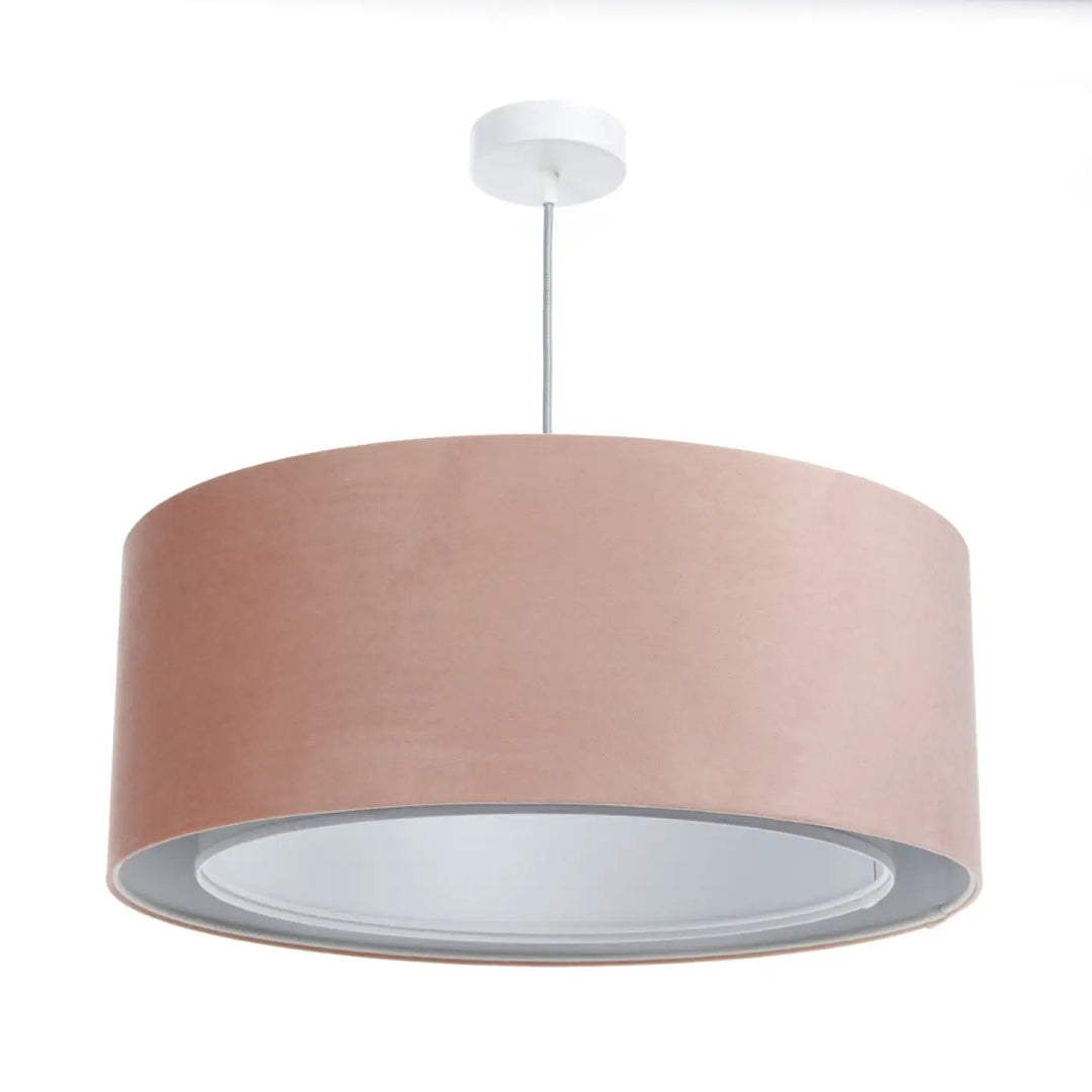 Suspension luminaire duo jasmin en velvet rose poudré avec support métallique blanc design rose poudré élégant