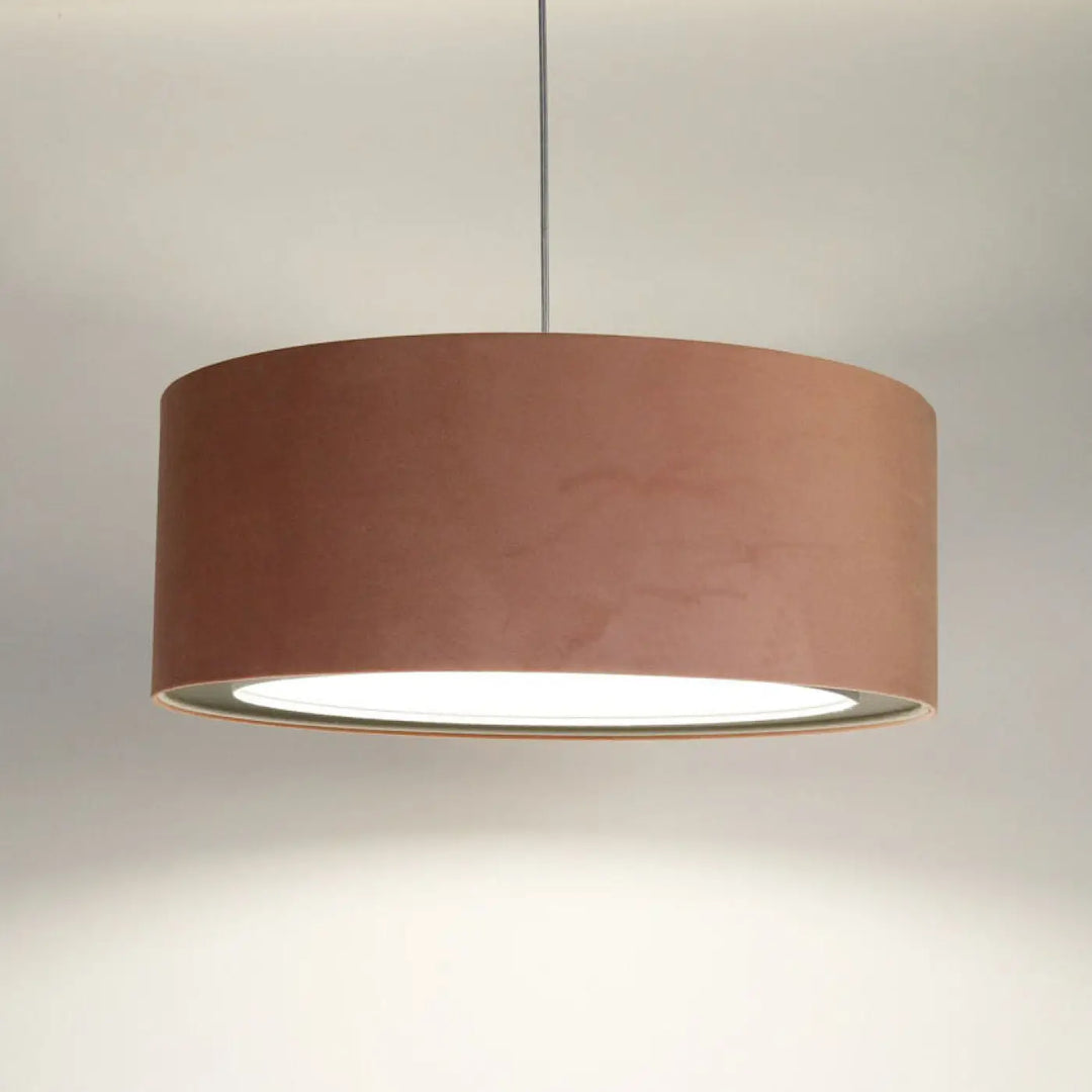 Suspension luminaire duo jasmin avec abat-jour cylindrique en tissu texturé design rose poudré et bord métallique élégant