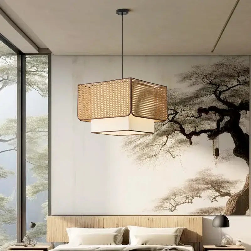 Suspension luminaire design en rotin naturel tressé beige