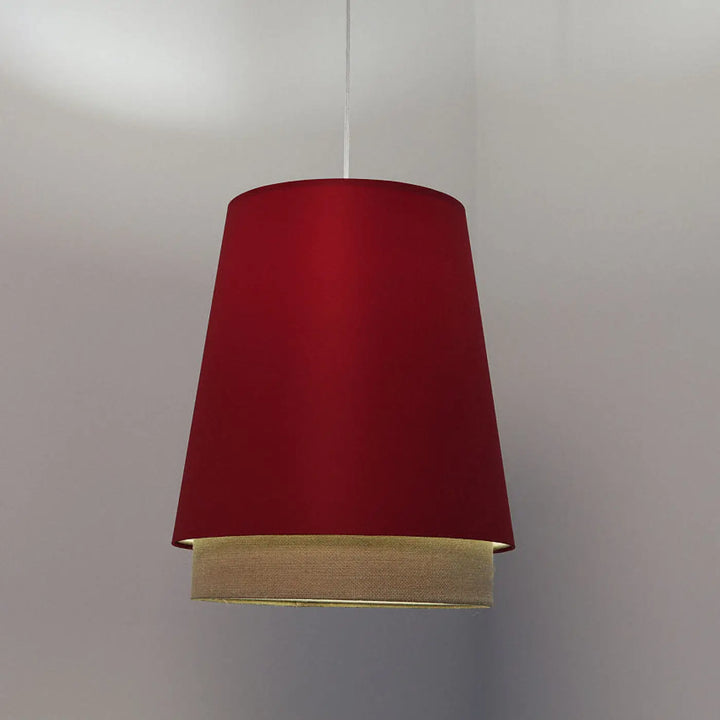 Suspension luminaire sensei rouge en cylindre profond avec double abat en tissu doré contrastant au bas