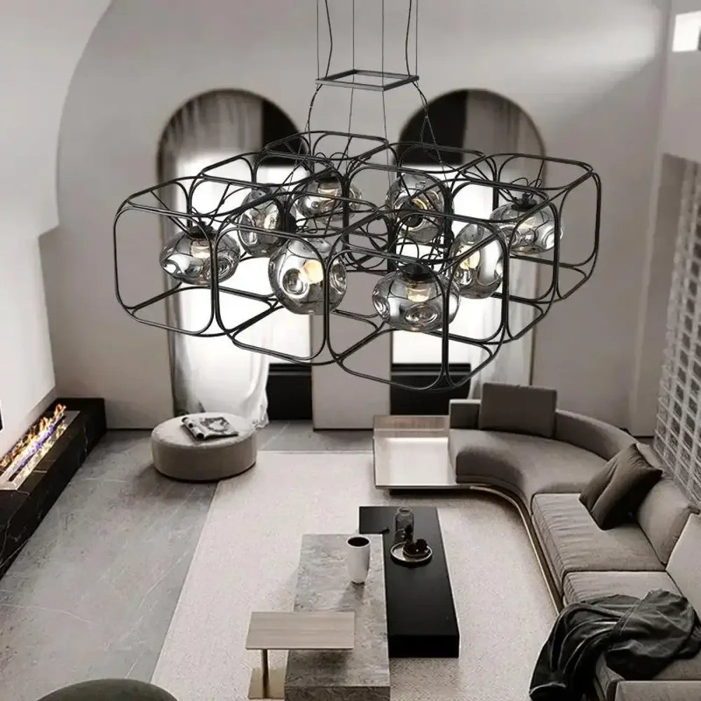 Suspension luminaire nexora en métal noir avec plusieurs ampoules sphériques en verre pour un luminaire design moderne