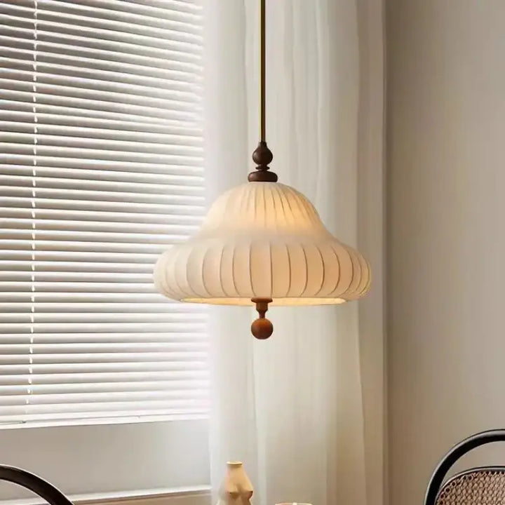 Suspension design en tissu et bois naturel blanc chic